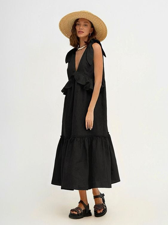Ruffle Edge Sleeveless Design V-neck Dress
