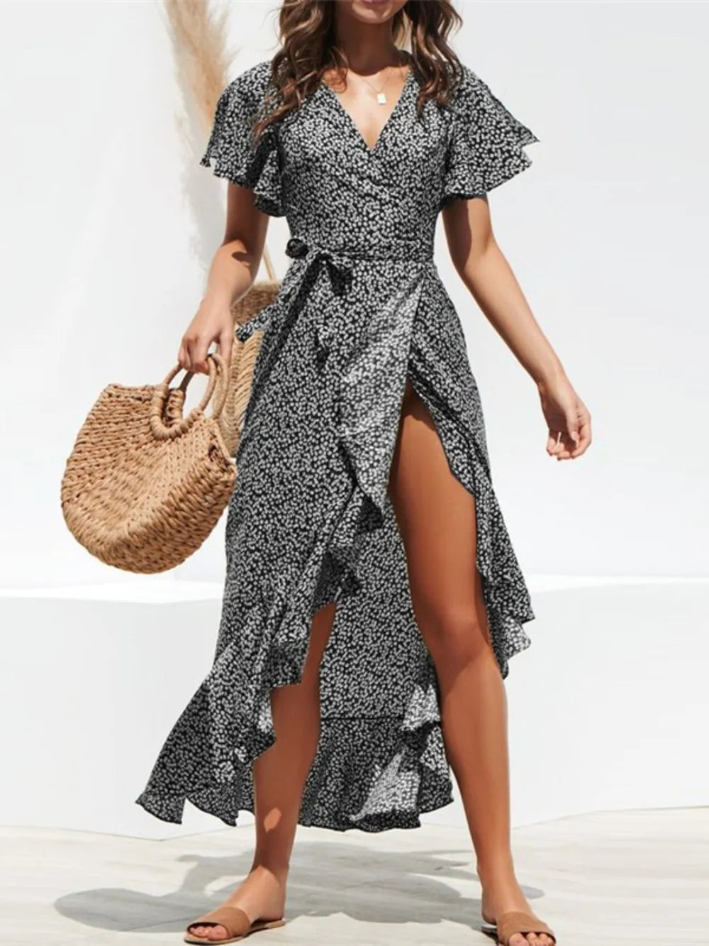 Tied Ruffled Printed Midi Wrap Dress