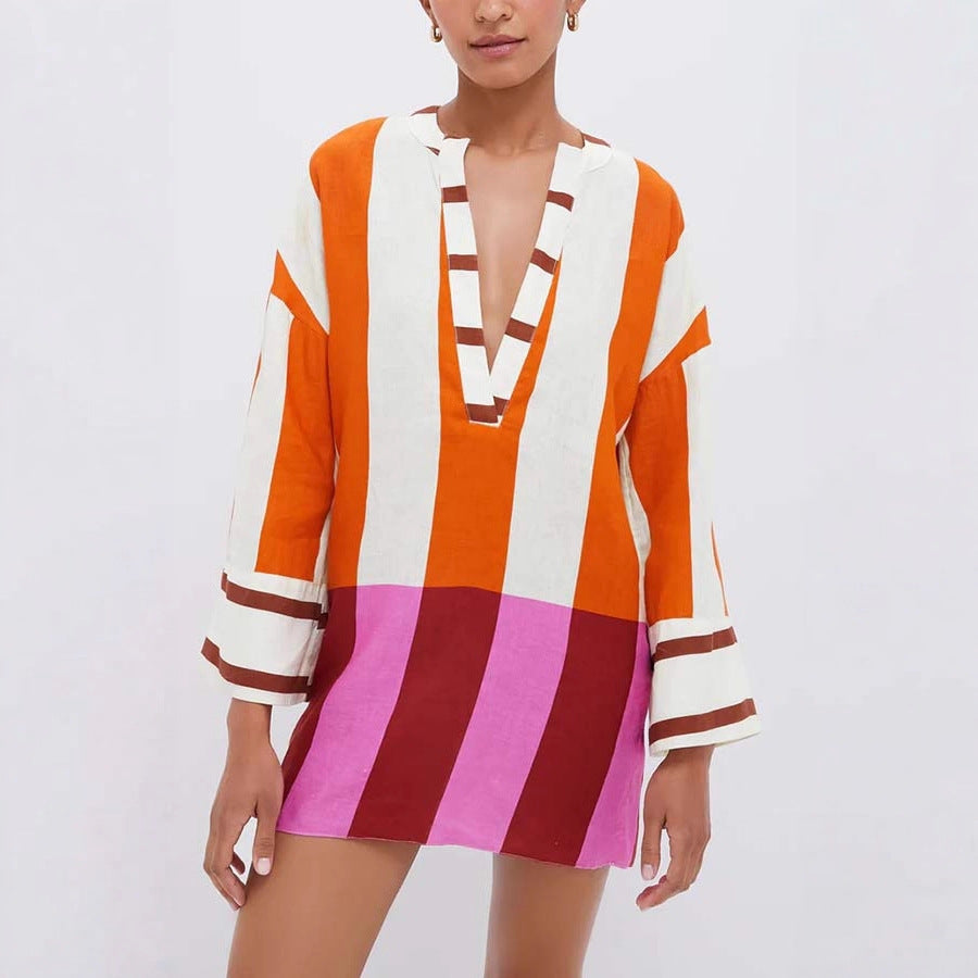 Printed Linen Long Sleeve Loose Dress