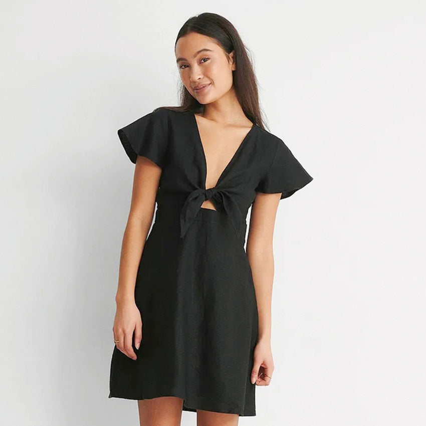 Flying Sleeve Cotton And Linen Bow V-Neck Dress