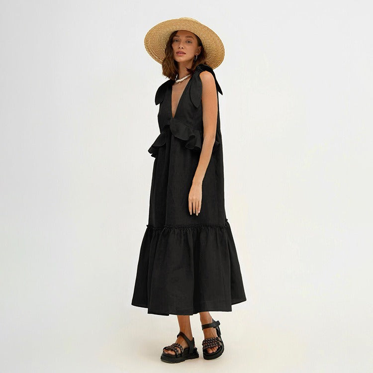 Ruffle Edge Sleeveless Design V-neck Dress