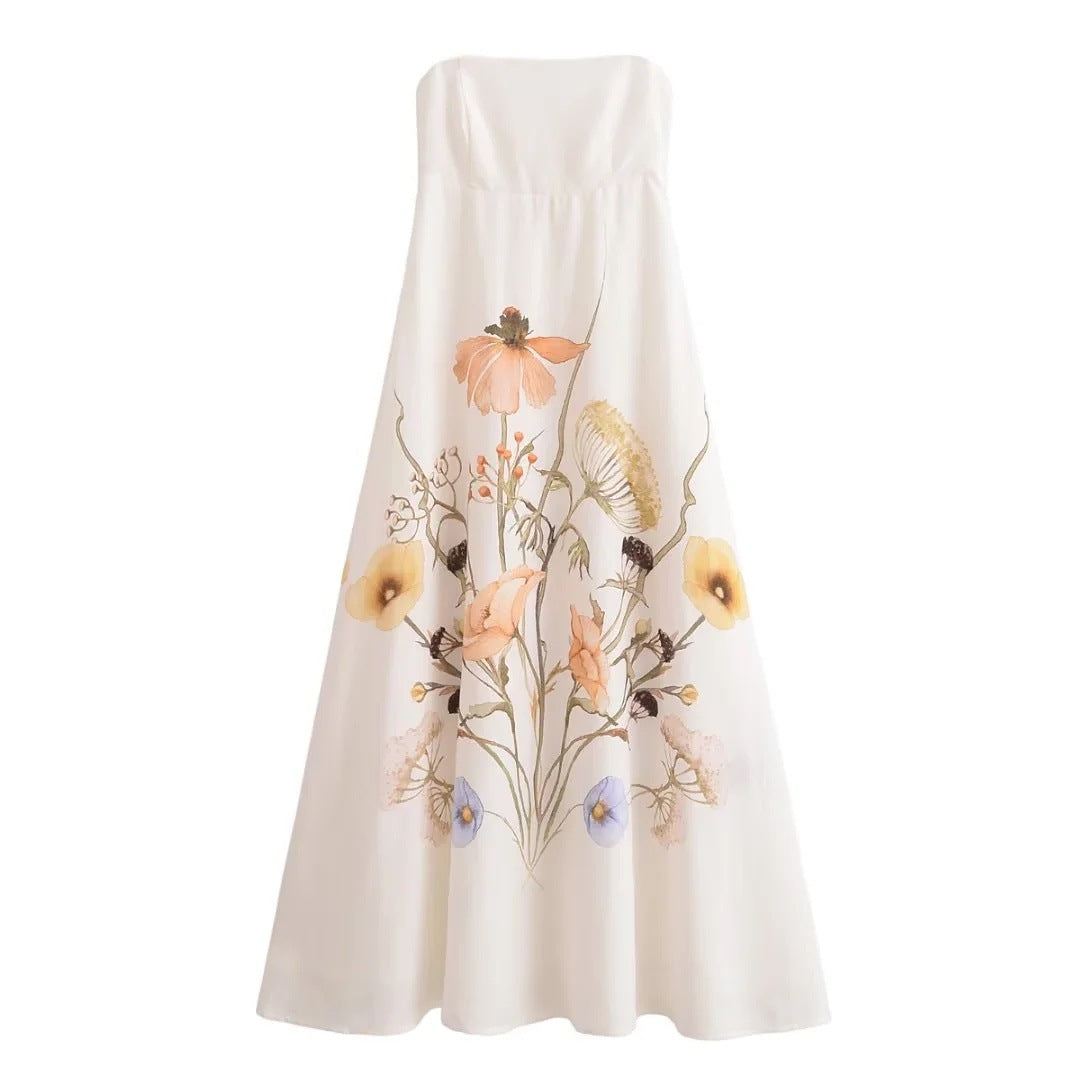Elegant Strapless Printed Floral Dress